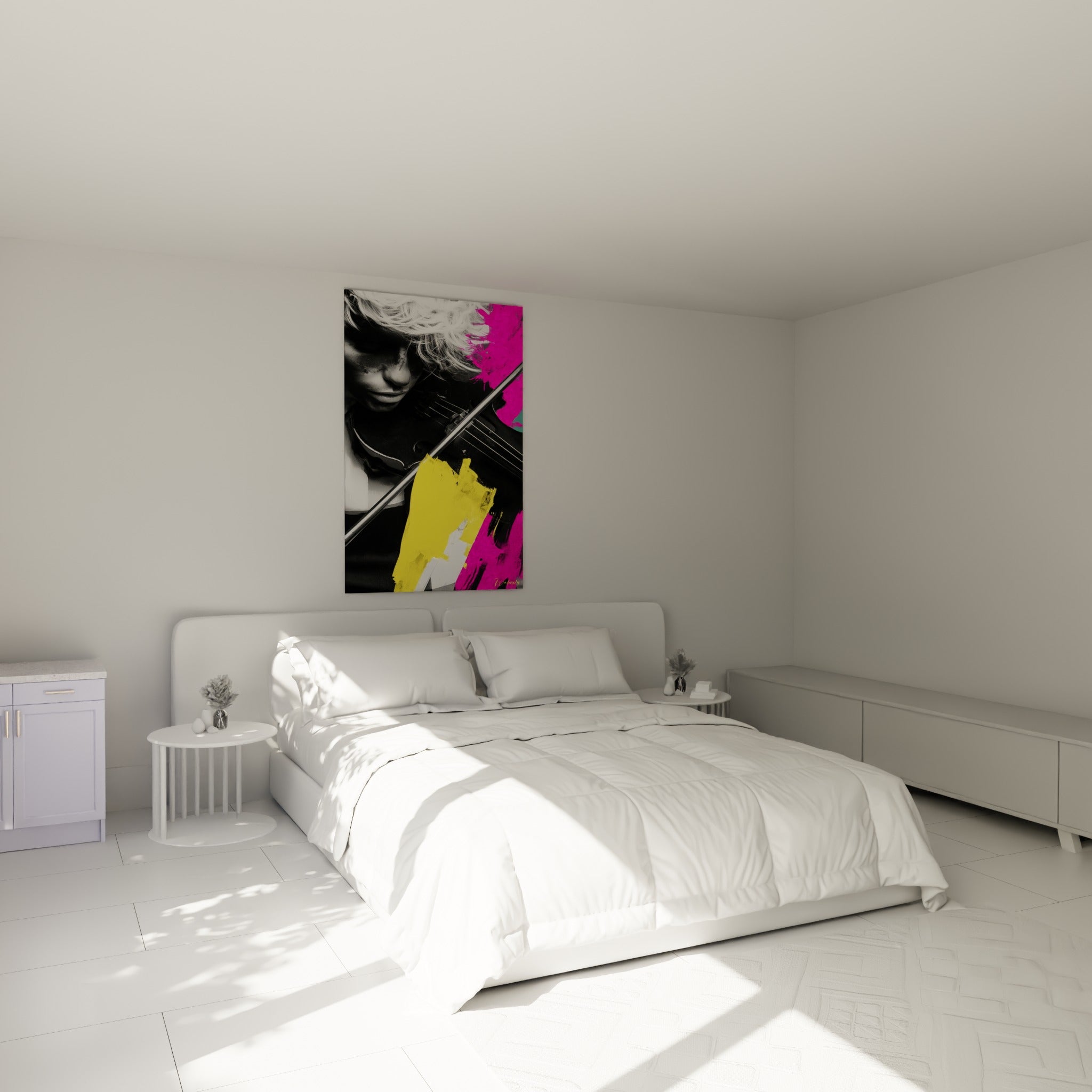 Musicienne concentrée sur son violon, touches rose fuchsia et jaune, au-dessus d'un lit dans une chambre claire