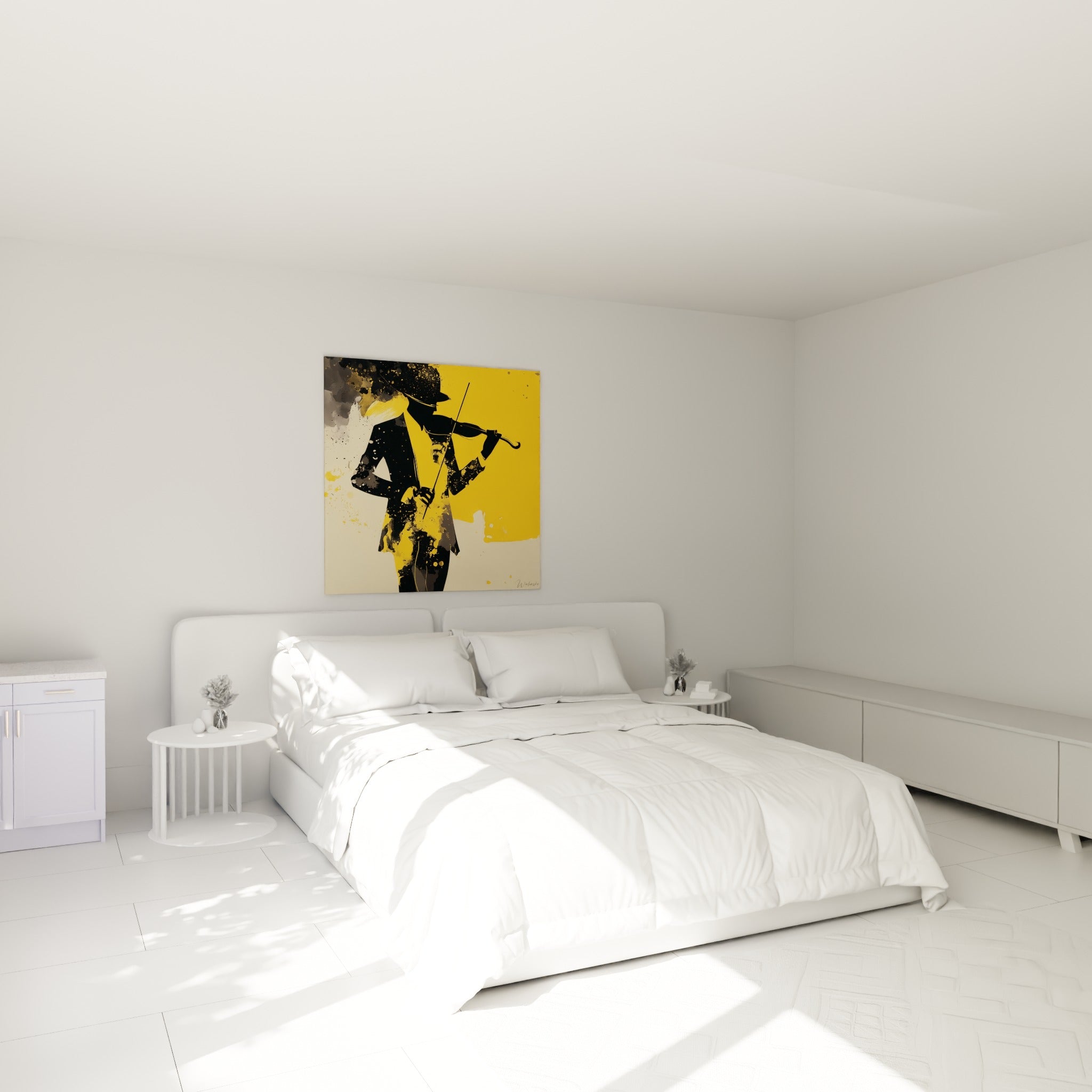 Musicien à l'archet levé, tons noir et jaune moutarde, accroché au-dessus d'un lit dans une chambre claire