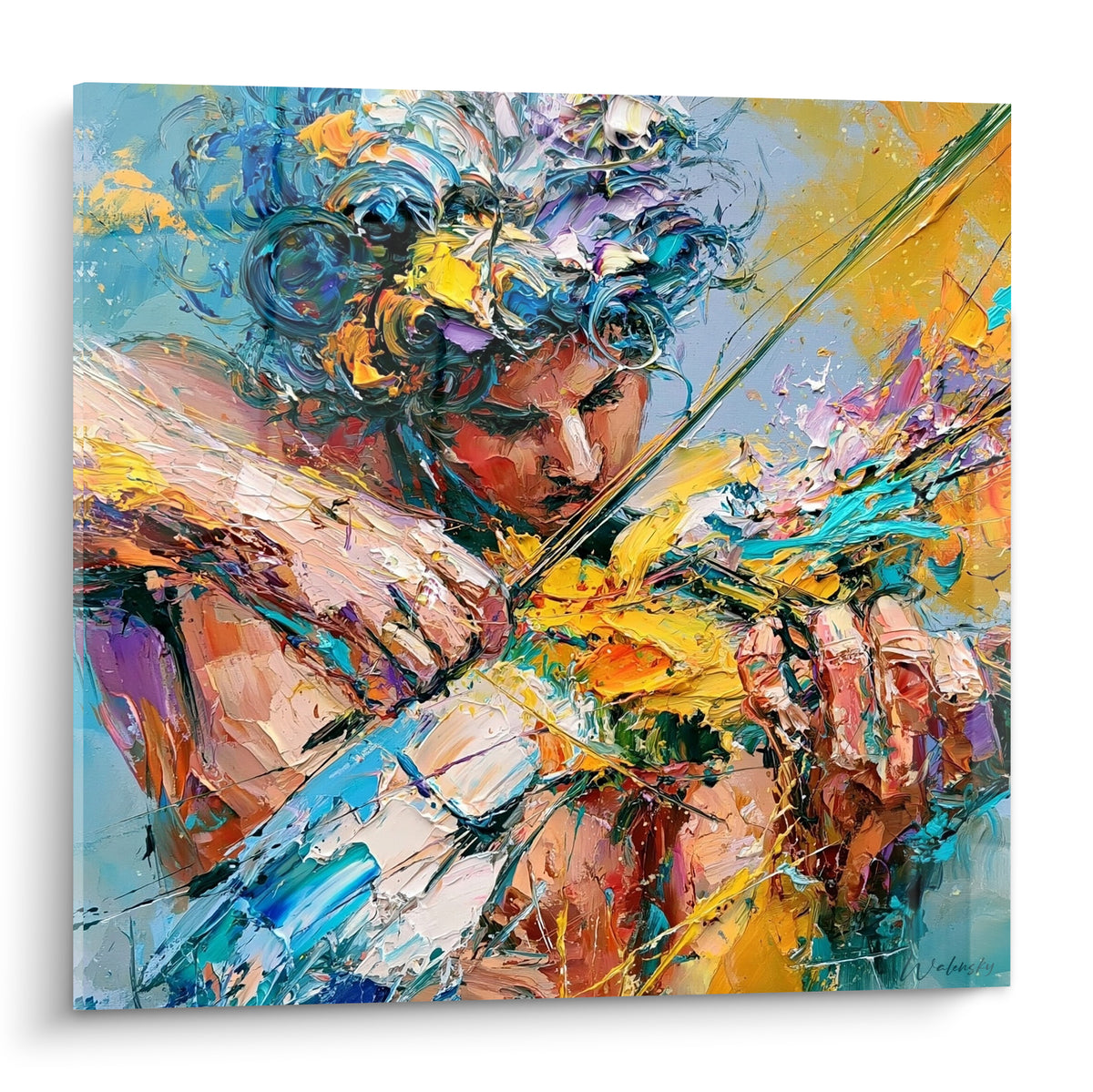Violoniste en pleine action, touches de bleu turquoise et doré, archet tendu et matière épaisse.