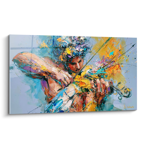 Tableau Violoniste bleu et jaune en pleine envolée - Envolée virtuose - Edition Musique