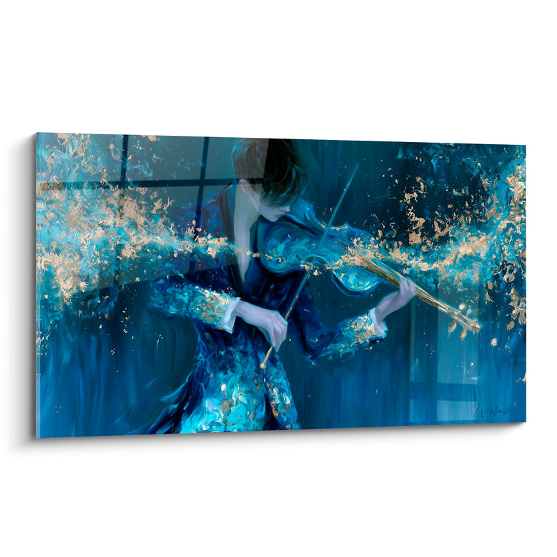Tableau Musique bleu et doré éclats poudrés violoniste - Explosion de particules - Edition Musique