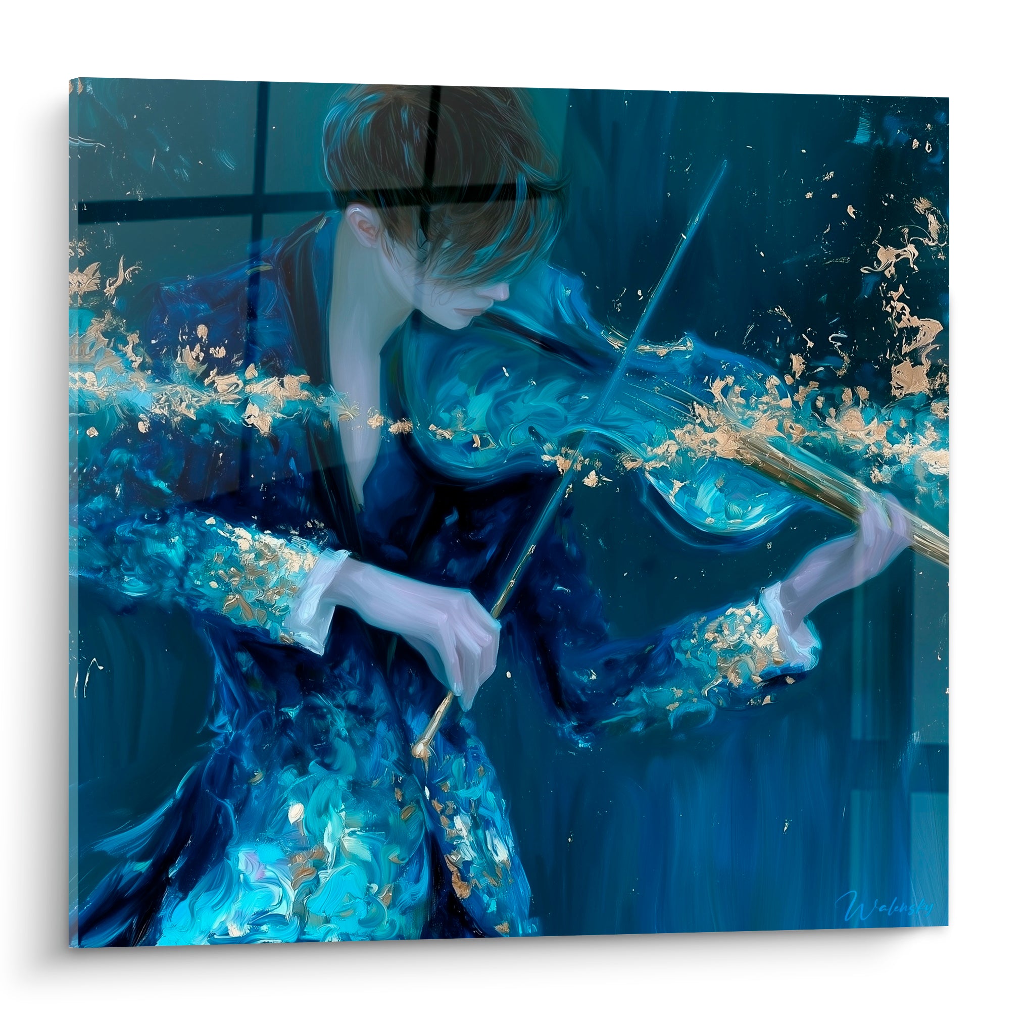 Violoniste en bleu marine et doré, archet levé, matière picturale éclatée en pleine lumière