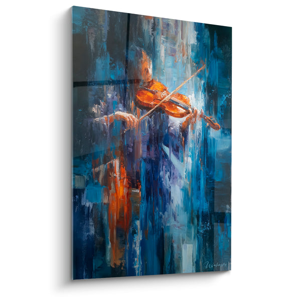 Cuadro Música violin azul índigo y ámbar flujos verticales - Cortina de lluvia pictórica - Edición Música