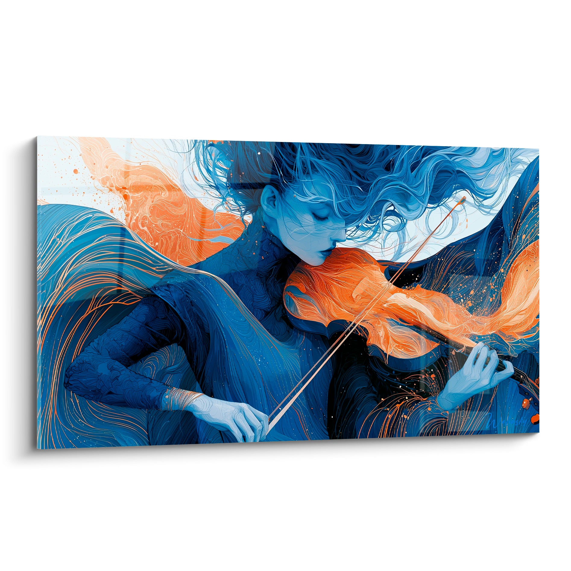Violoniste stylisée en bleu marine et orange, chevelure ondulante, geste de l'archet capturé en plein élan