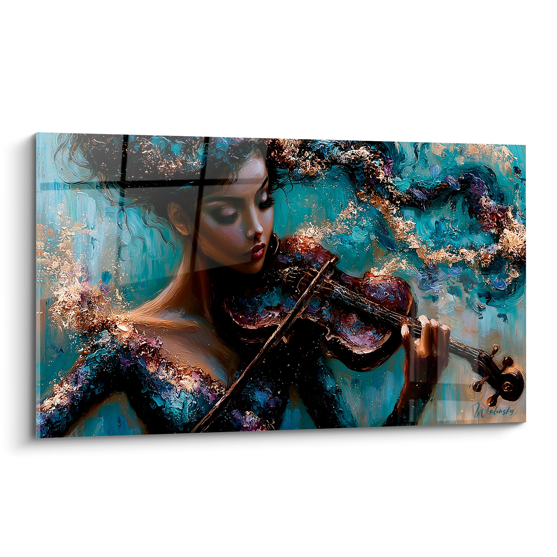 Violoniste aux cheveux dénoués, robe bleu sarcelle et éclats dorés, matière picturale épaisse et vibrante