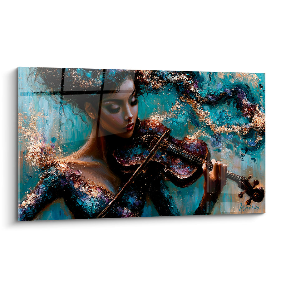 Tableau Musique turquoise et doré violoniste chevelure éclaboussée - Boucle d'oreille dorée - Edition Musique