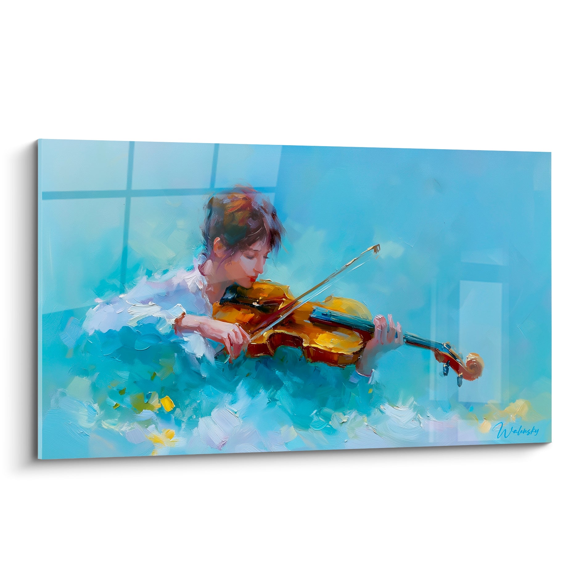 Violoniste peinte en bleu turquoise et doré, penchée sur son instrument, touche expressive à l'huile