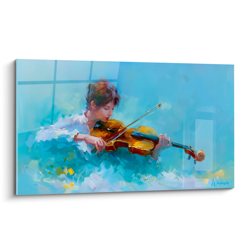 Tableau Musique bleu ciel et jaune fenêtre vitrée - Volutes d'écume blanche - Edition Musique