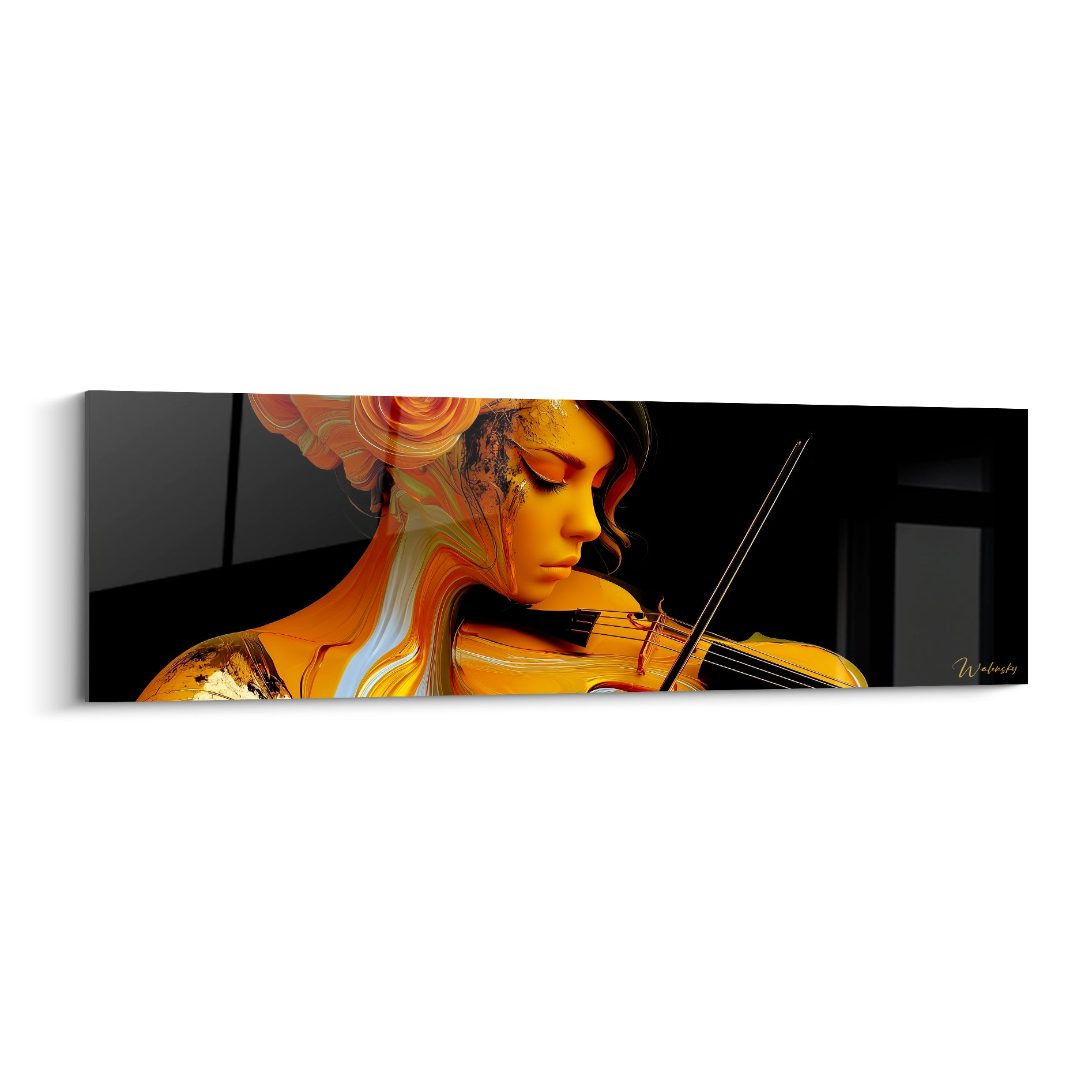 Violoniste dorée aux yeux clos, fleur orangée dans les cheveux, fond noir profond intense