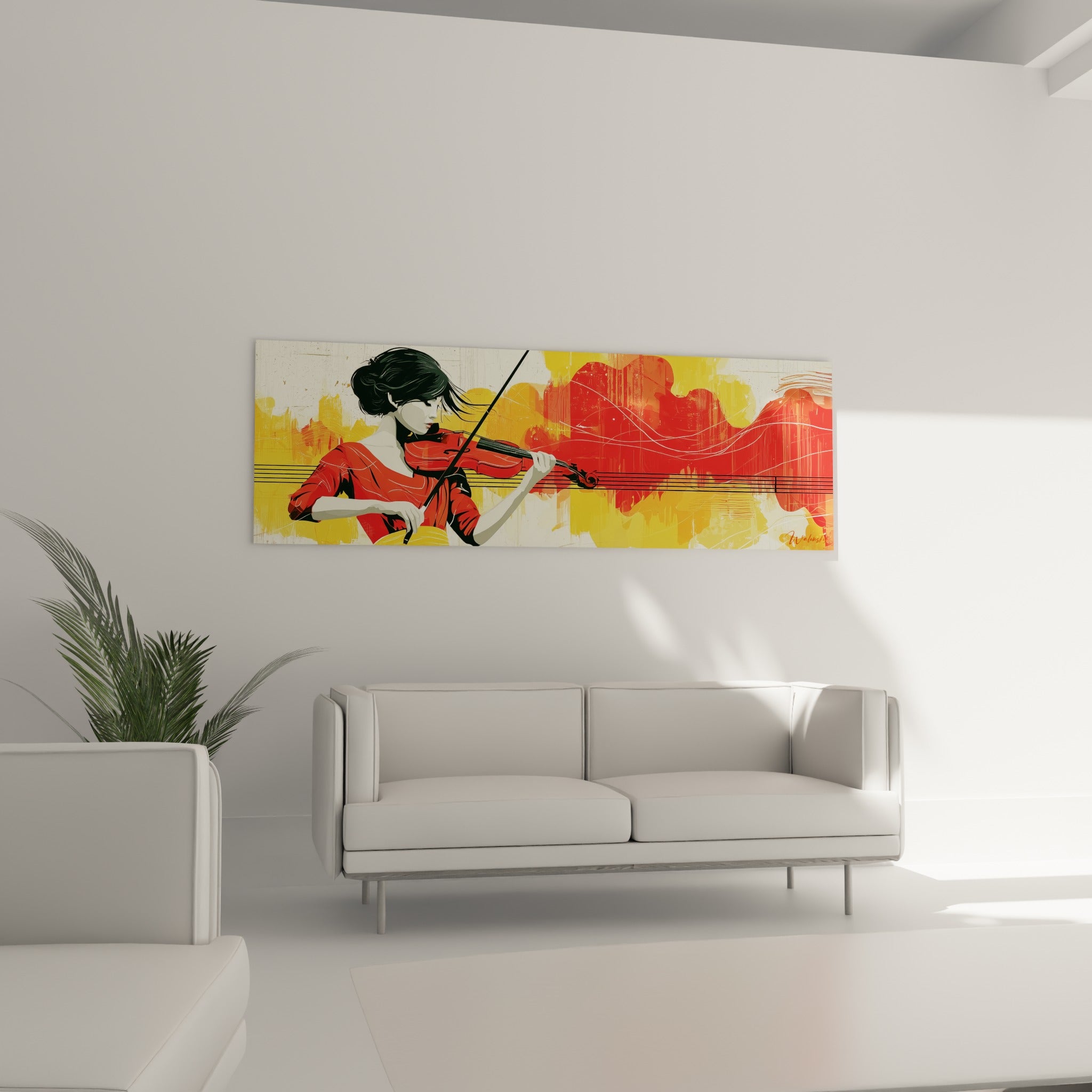 Violoniste stylisée en gris et rouge sur vagues jaunes, au-dessus d'un canapé dans un salon lumineux