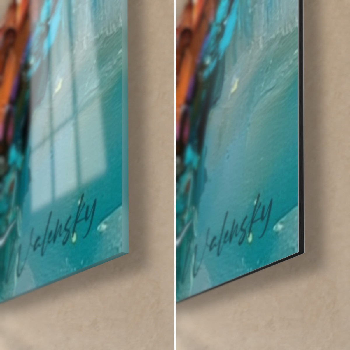 Tableau violoniste en coups de couteau, coin bas droit turquoise : verre acrylique brillant à gauche, Dibond noir mat à droite