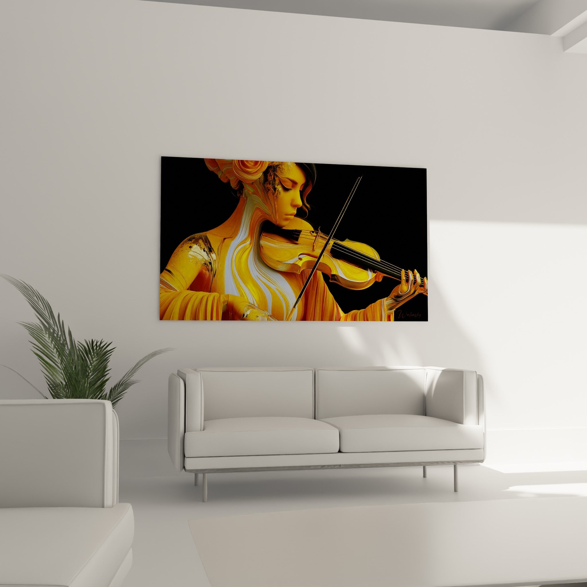 Violoniste fauve et blanche en plein jeu, suspendue au-dessus d'un canapé dans un salon lumineux