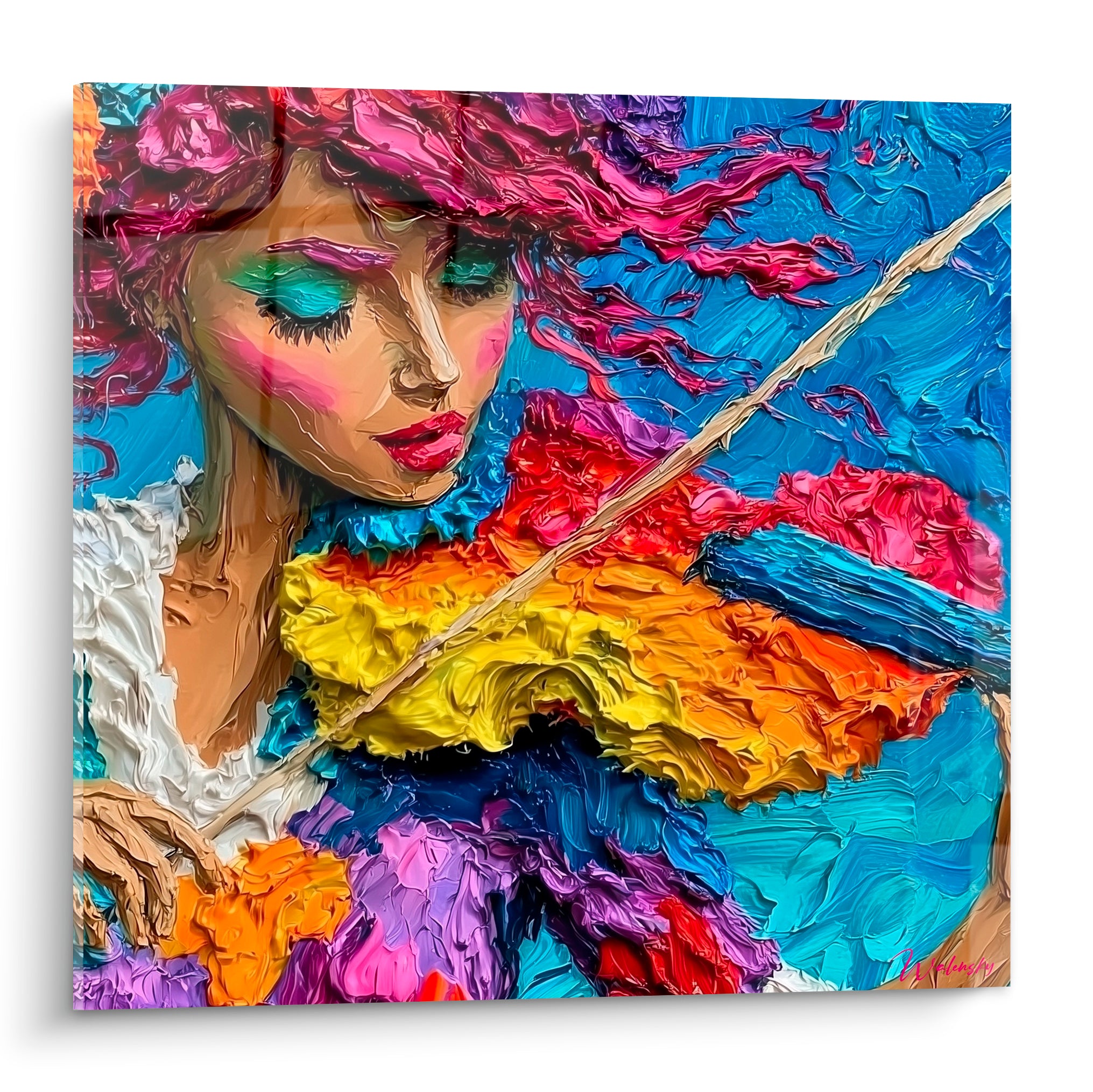 Violoniste aux yeux clos, chevelure fuchsia et violon jaune orangé sur fond bleu profond texturé