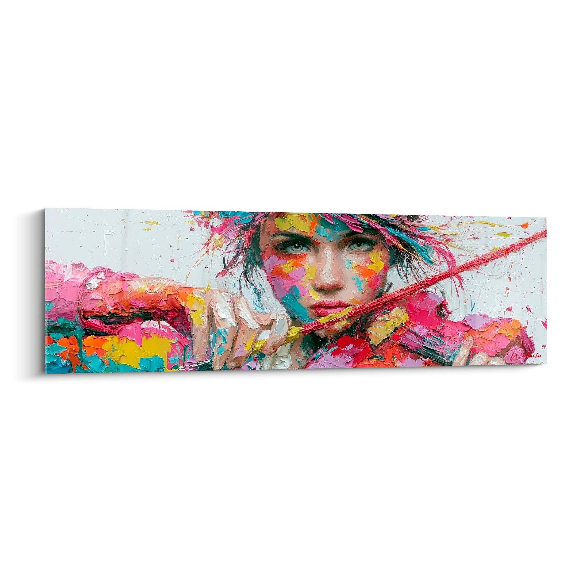 Violoniste aux couleurs fuchsia et turquoise, empâtements vifs, archet rouge tendu, regard intense