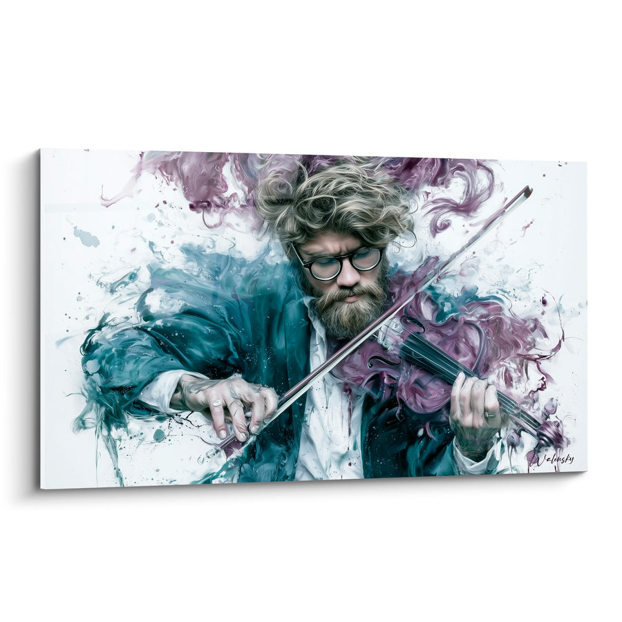 Tableau Musique violet et bleu pétrole violoniste barbu lunettes - Lunettes rondes du musicien - Edition Musique