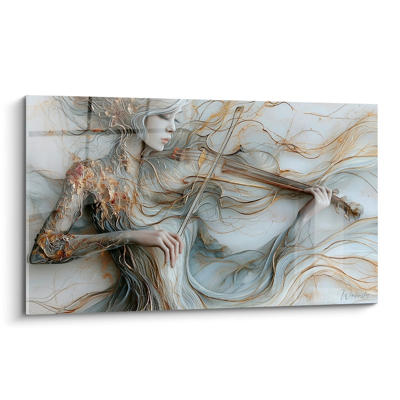 Tableau Musique gris perle et doré violoniste filaments - Chevelure filiforme dorée - Edition Musique
