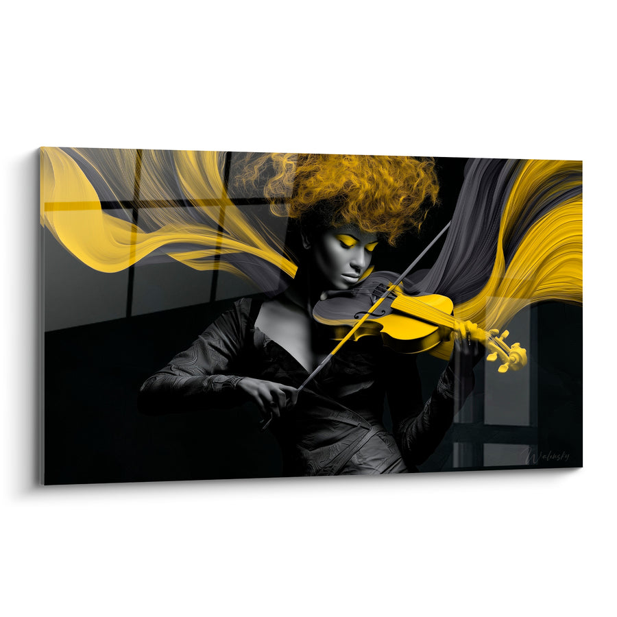 Tableau Musique jaune et noir chevelure tourbillonnante - Violoniste au regard clos - Edition Musique