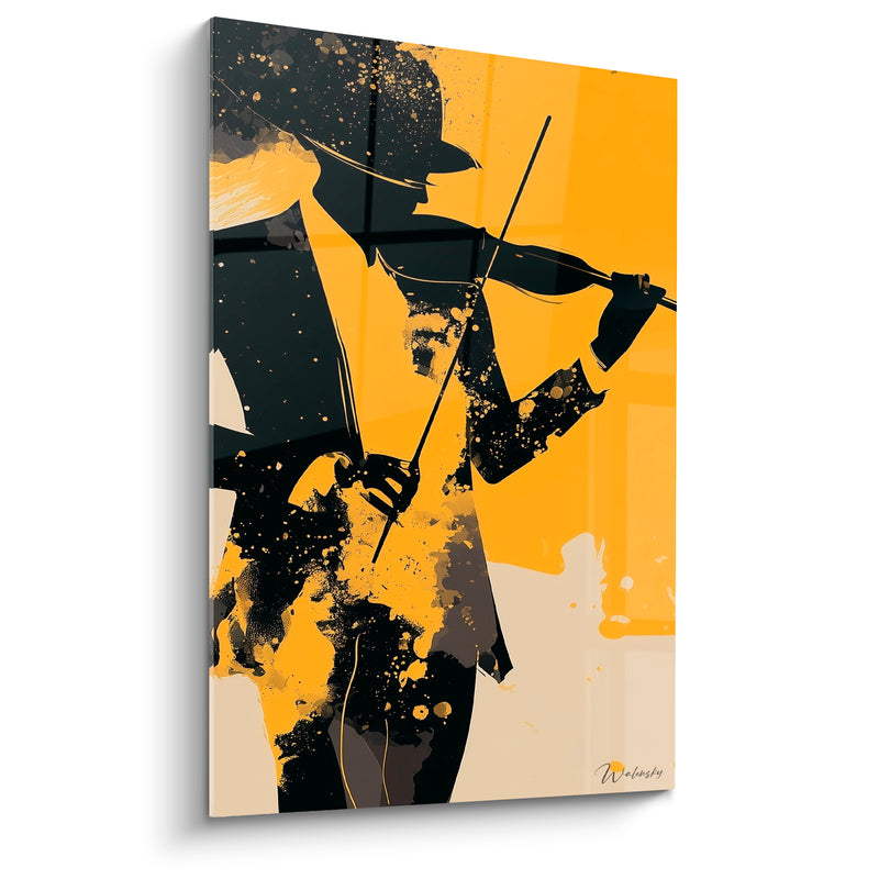 Tableau Musique jaune et noir violoniste chapeauté - Silhouette au chapeau - Edition Musique