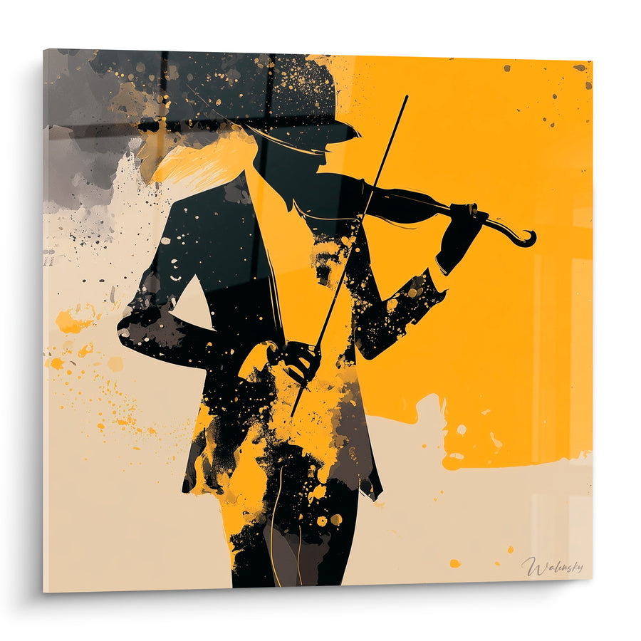Tableau Musique noir et jaune violoniste au chapeau - Chapeau à large bord - Edition Musique
