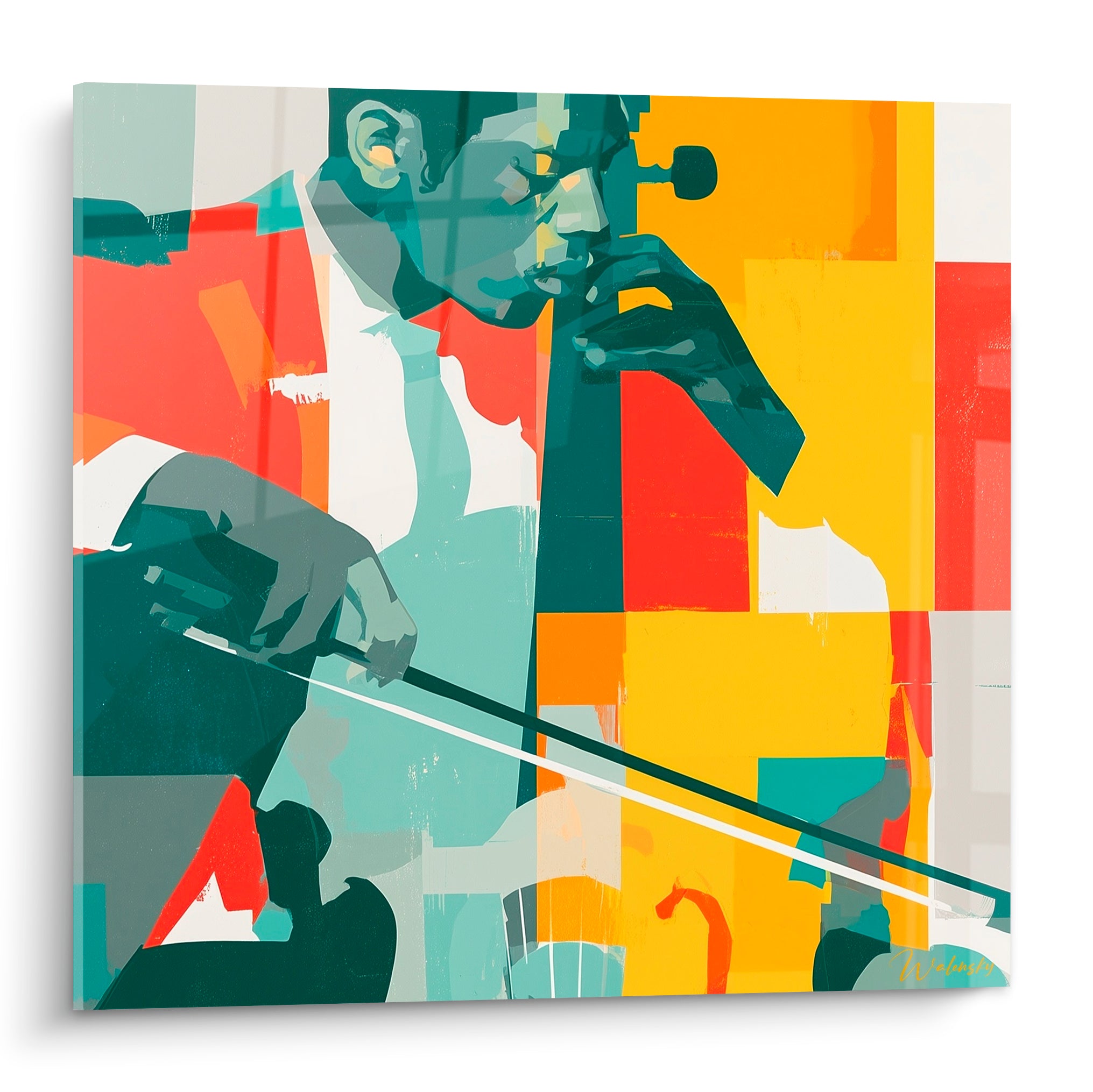 Violoniste penché en aplats jaune safran, corail et turquoise, archet tendu en diagonale blanche