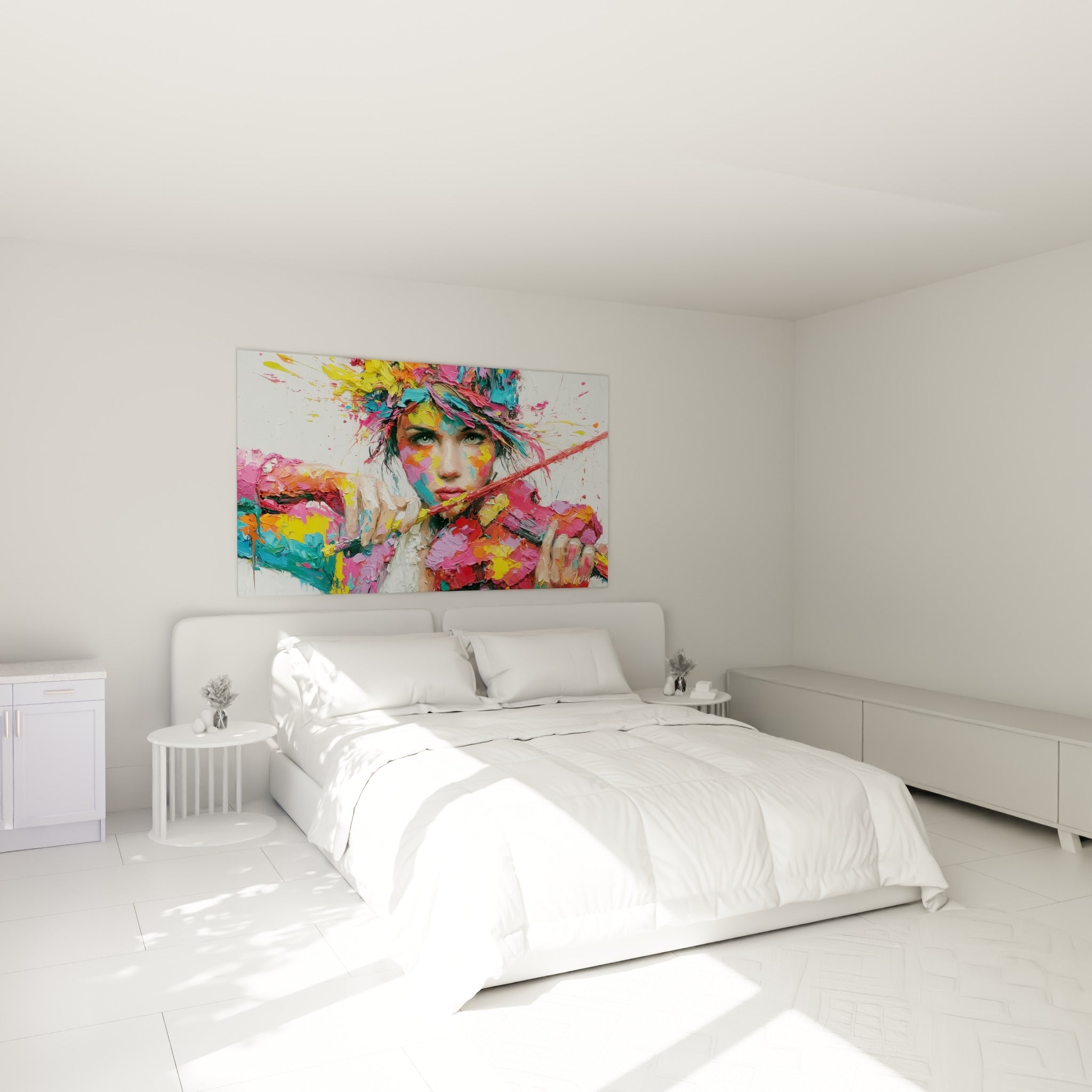 Musicienne aux teintes fuchsia et jaune vif jouant du violon, accrochée au-dessus d'un lit dans une chambre claire
