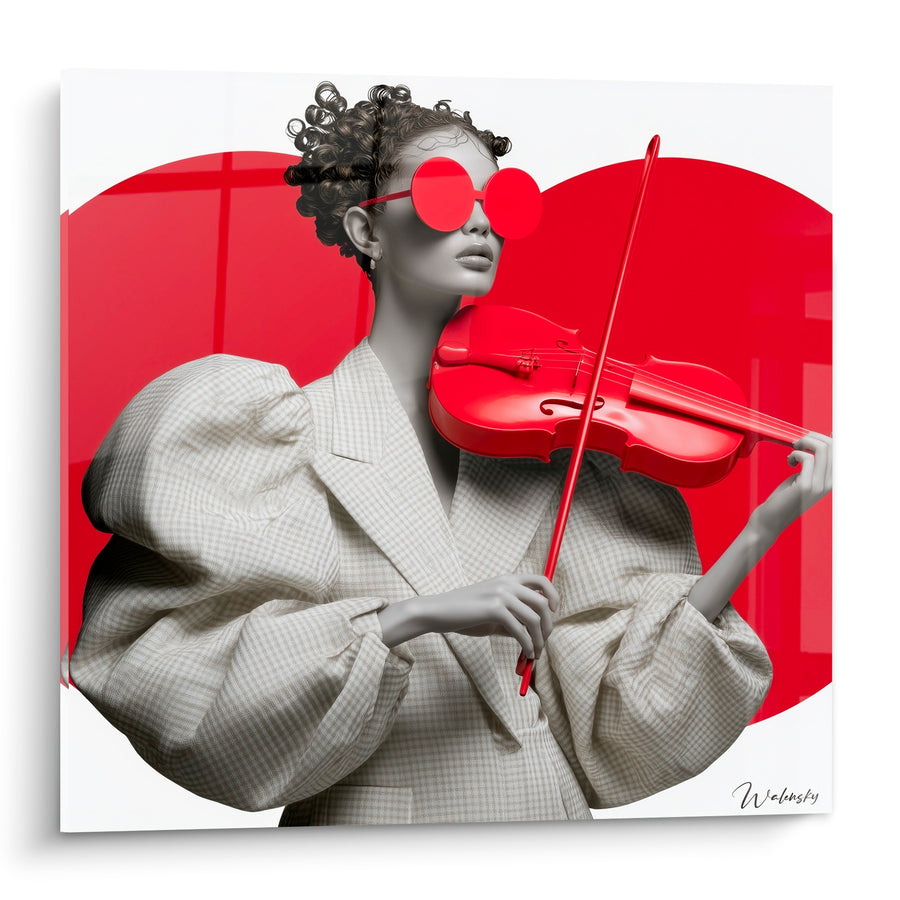 Tableau Musique rouge et gris violoniste vestiaire ample - Lunettes rondes écarlates - Edition Musique