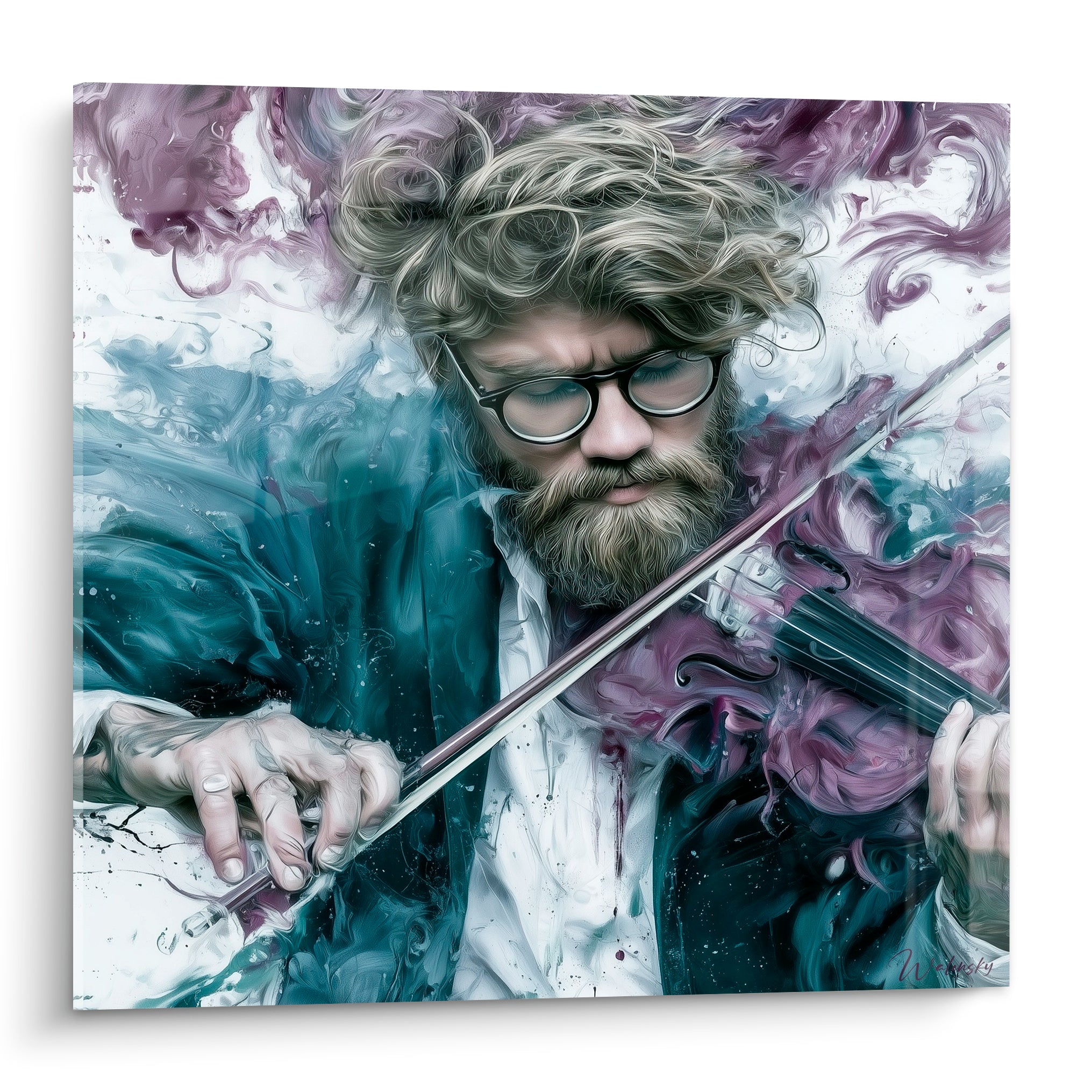 Violoniste barbu en pleine performance, fumées mauve et bleu pétrole tourbillonnant autour de lui