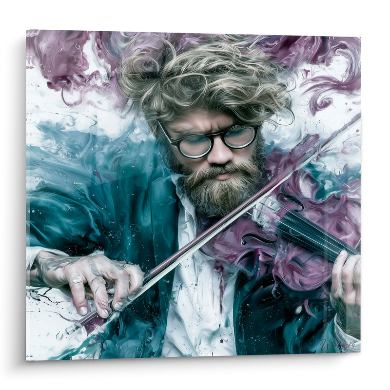 Tableau Musique violoniste barbu mauve et bleu pétrole lunettes rondes - Barbe et lunettes - Edition Musique