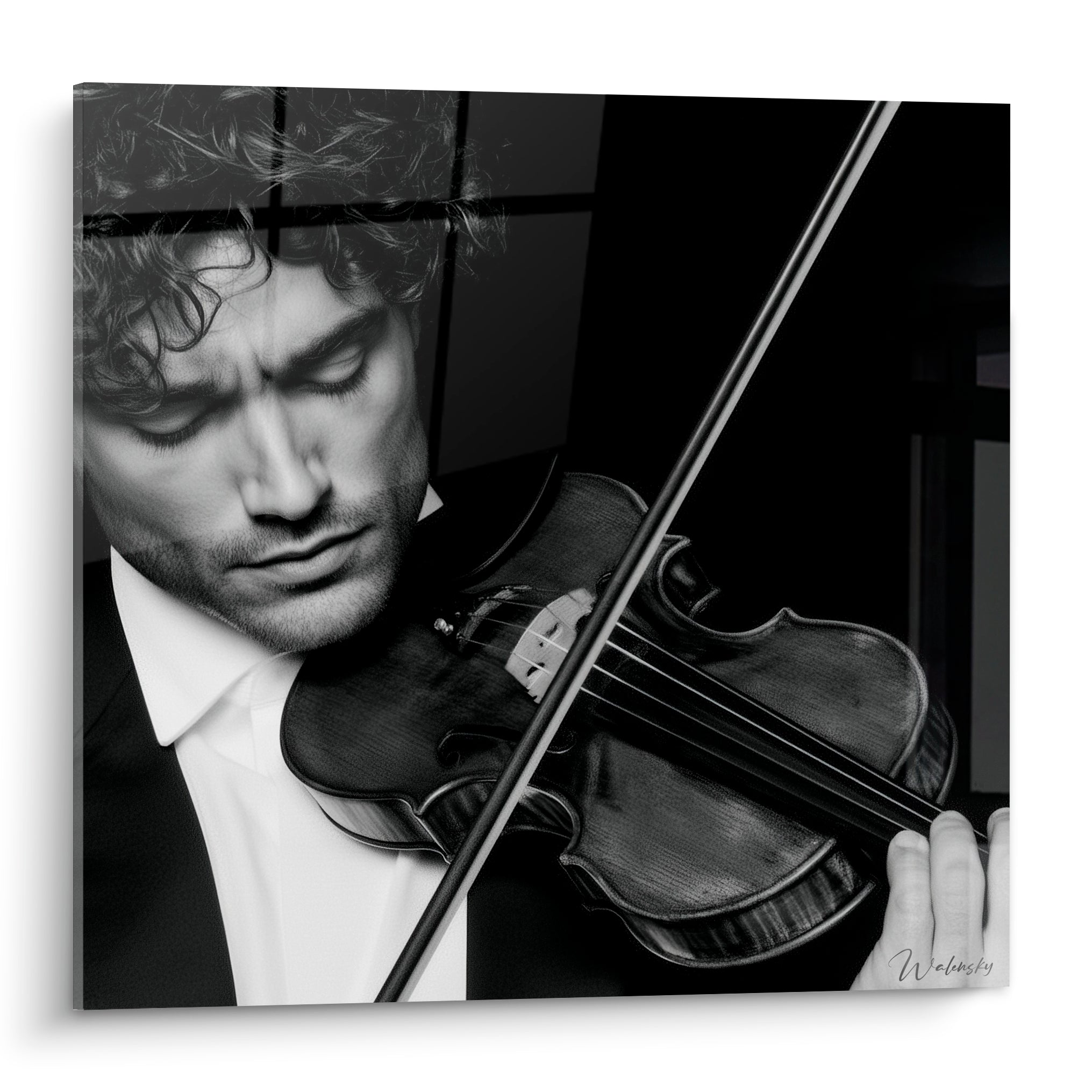 Violoniste aux boucles brunes jouant, contraste noir profond et blanc immaculé, style photoréaliste