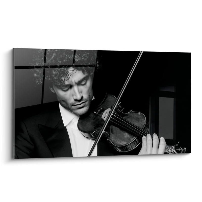 Tableau Musique noir et blanc violoniste concentré - Recueillement du violoniste - Edition Musique