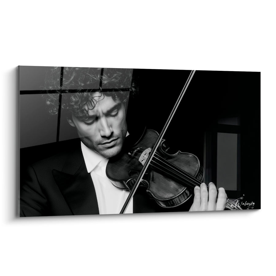 Tableau Musique noir et blanc violoniste concentré - Recueillement du violoniste - Edition Musique