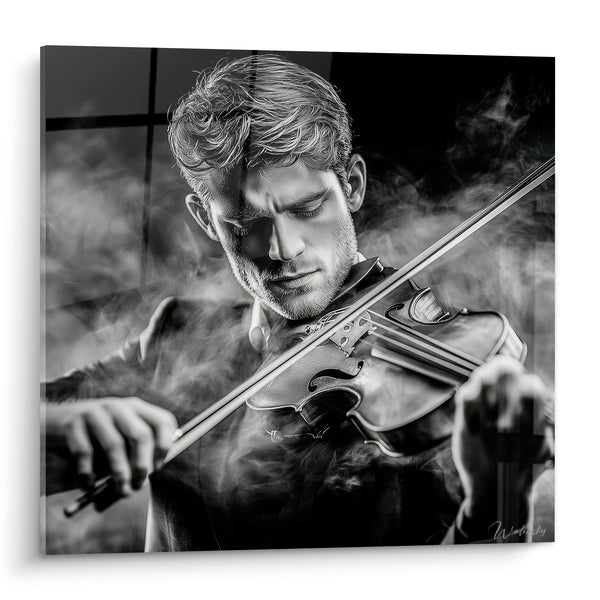 Black and White Music Painting Violinist in Smoke - Breath of the Violin - Music Edition