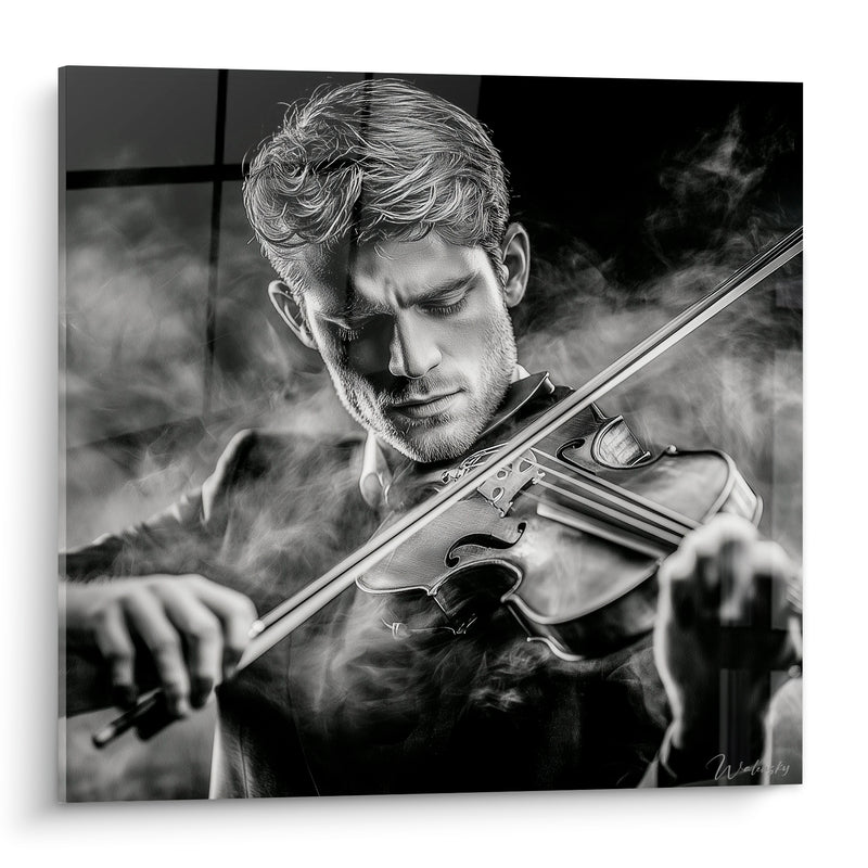 Tableau Musique noir et blanc violoniste dans la fumée - Souffle du violon - Edition Musique