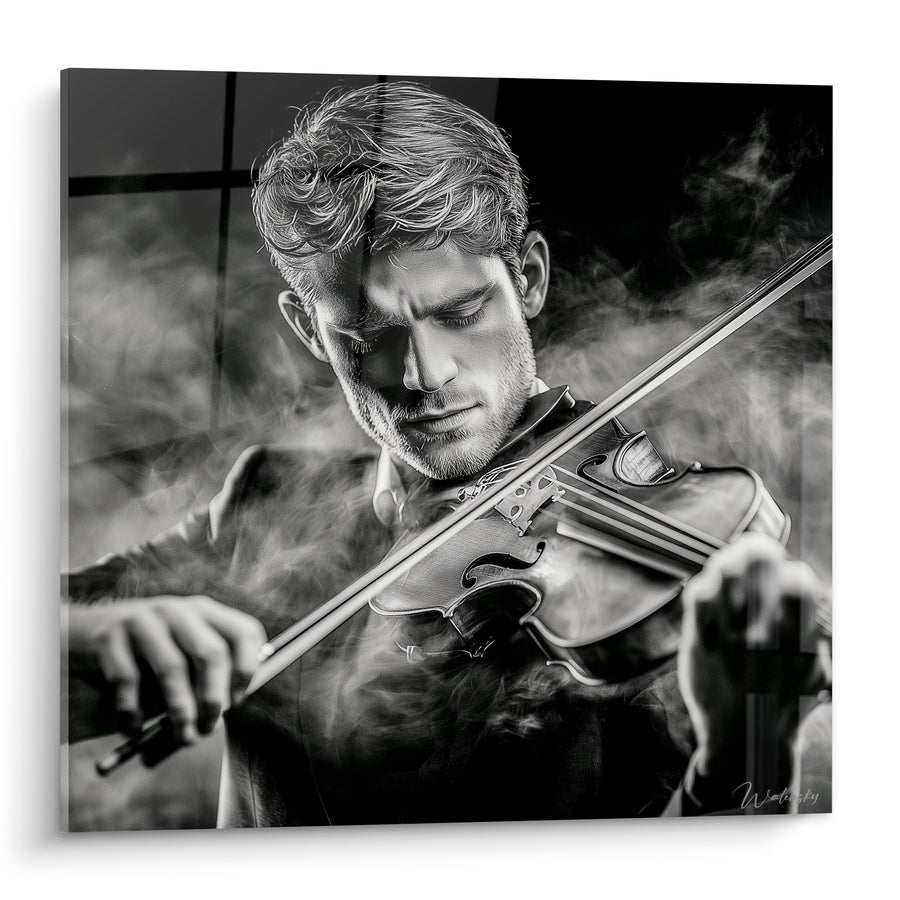 Tableau Musique noir et blanc violoniste dans la fumée - Souffle du violon - Edition Musique