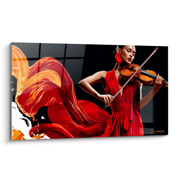 Painting Music Violinist Red Dress Golden Fabric - Suspended Breath - Music Edition