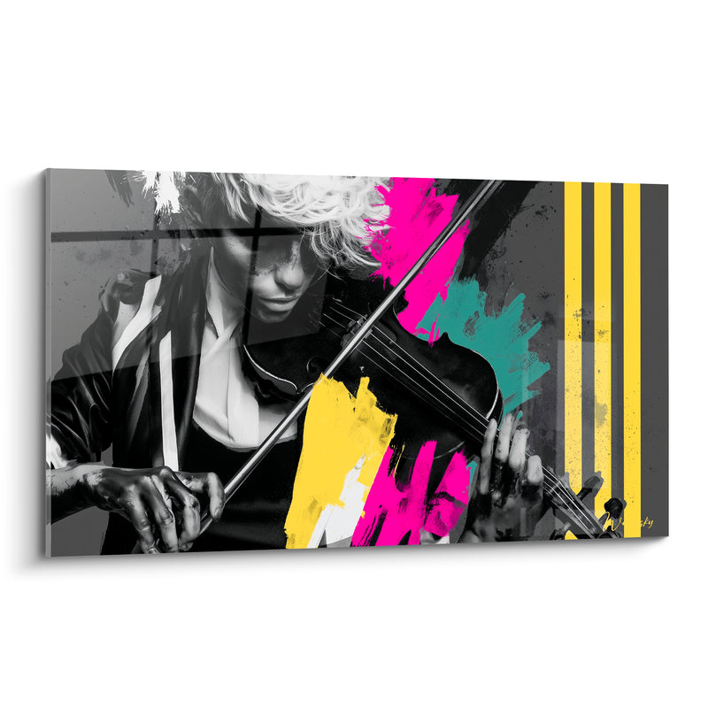 Tableau Musique violoniste noir et blanc éclaboussures magenta jaune - Bandes verticales jaunes - Edition Musique