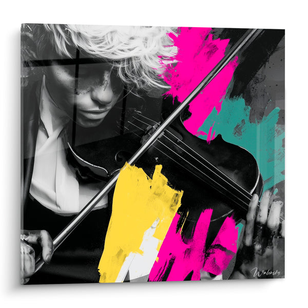 Cuadro Músico violinista rosa fucsia y amarillo vibrante - Vibración creativa - Edición Música