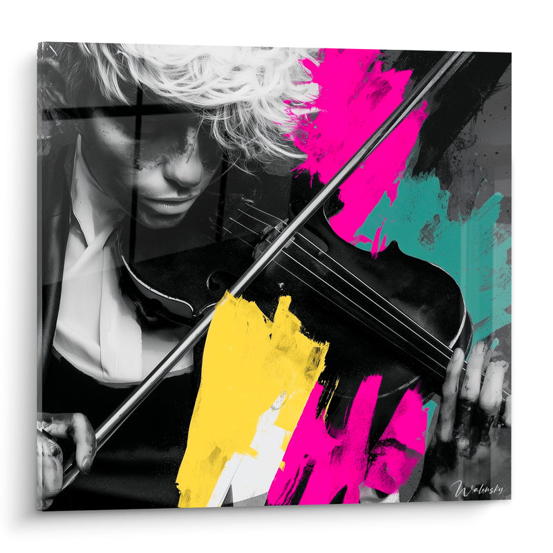 Tableau Musique violoniste rose fuchsia et jaune éclatant - Vibration créative - Edition Musique