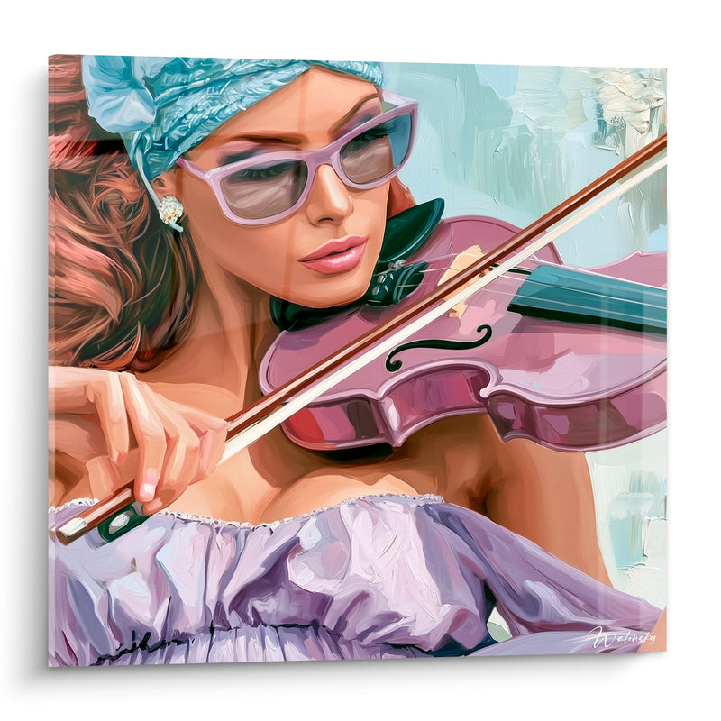 Tableau Musique violon rose et mauve lunettes de soleil - Foulard bleu clair - Edition Musique