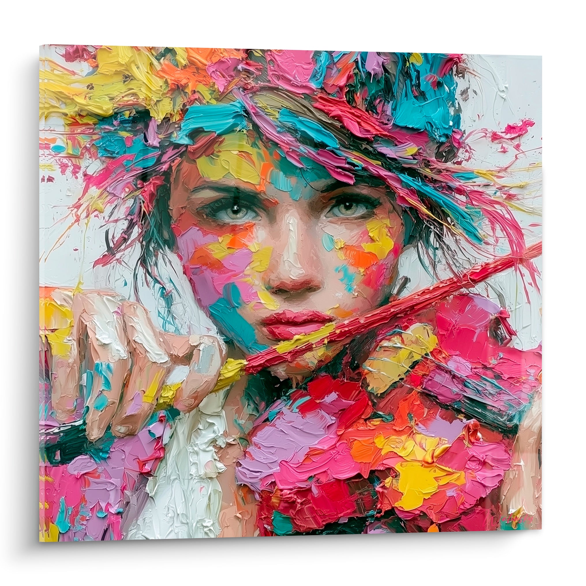Violoniste au visage éclaboussé de rose fuchsia et turquoise, archet levé, peinture épaisse à l'huile