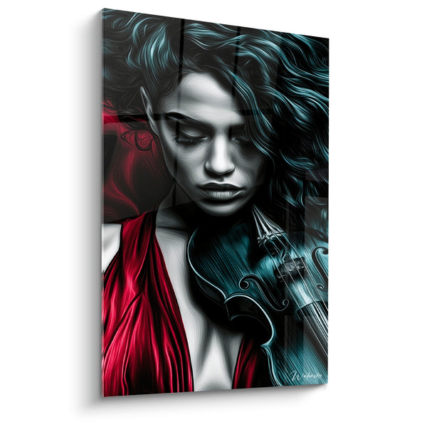 Cuadro Música rojo y azul violinista cabello ondulado - Retrato con drapado rojo - Edición Música