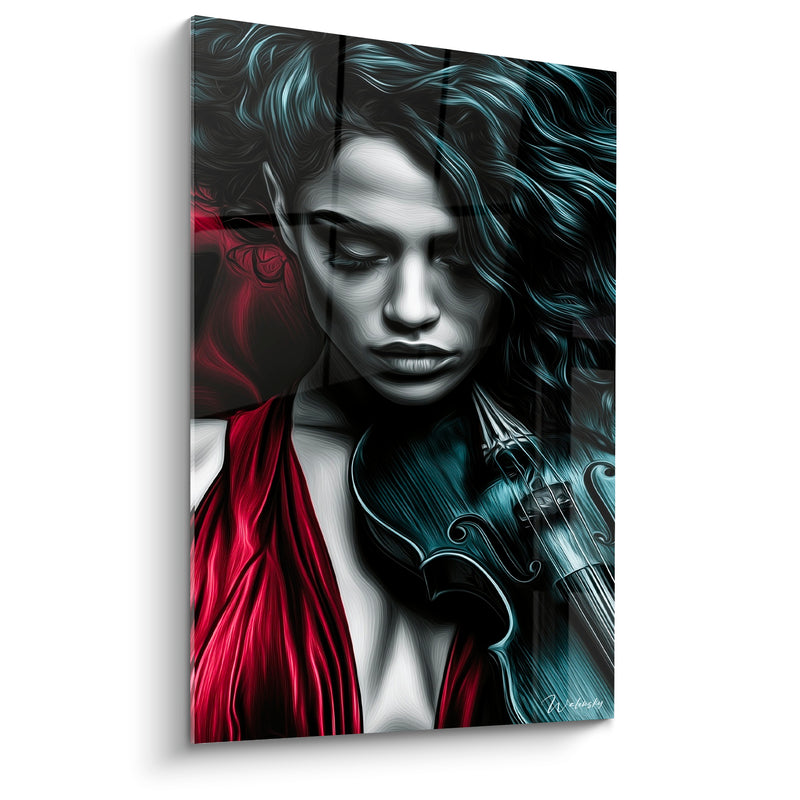 Tableau Musique rouge et bleu violoniste chevelure ondulée - Portrait au drapé rouge - Edition Musique