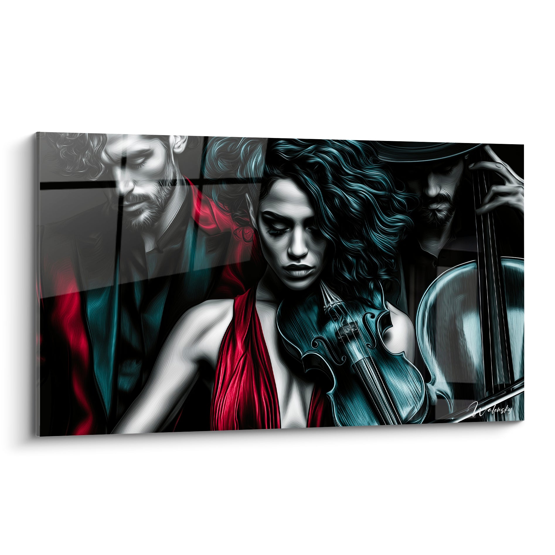 Violoniste aux cheveux bleu nuit et robe rouge, silhouettes fantomatiques en arrière-plan, style graphique intense
