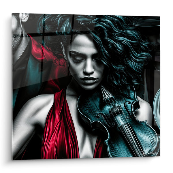 Cuadro Música gris azulado y rojo violinista cabello - Mirada baja - Edición Música