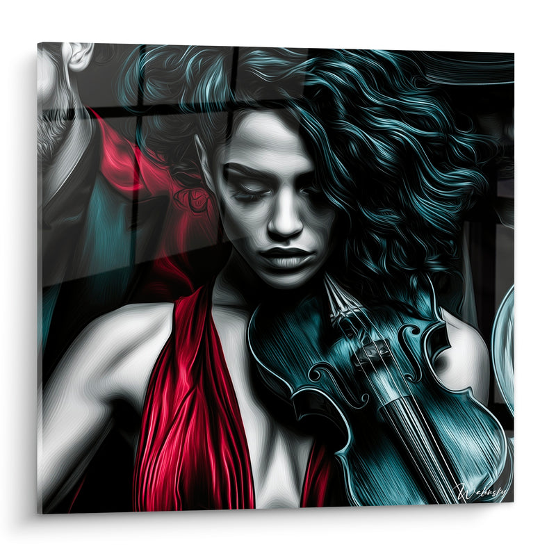 Tableau Musique gris bleuté et rouge violoniste chevelure - Regard baissé - Edition Musique