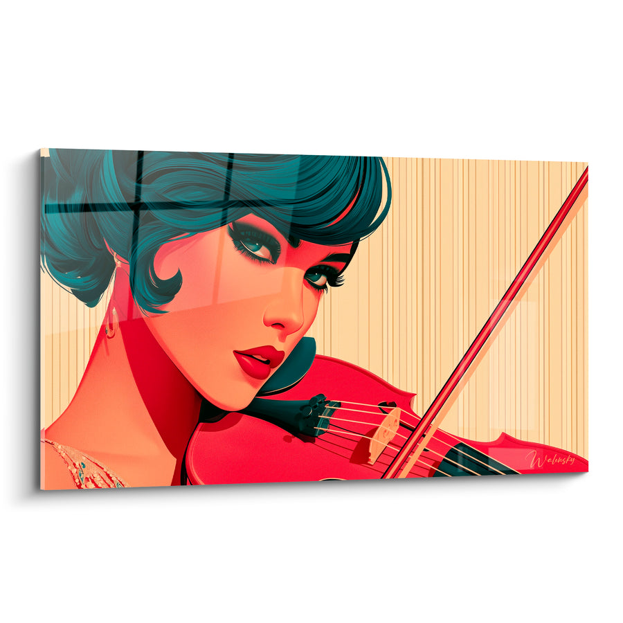 Tableau Musique bleu turquoise et rouge violoniste stylisée - Regard en coin - Edition Musique