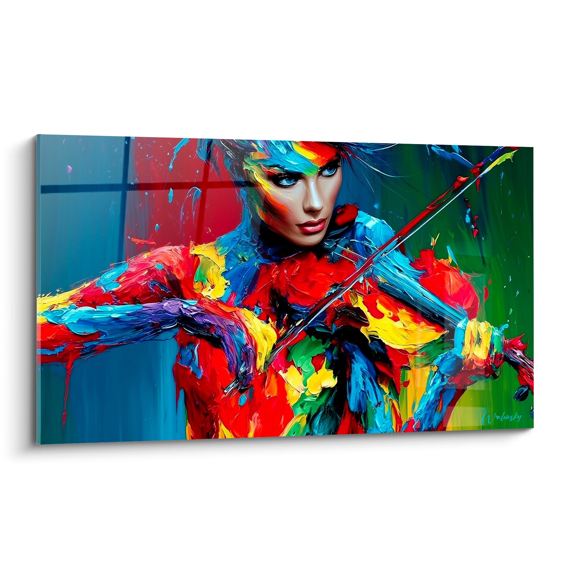 Violoniste au visage bleu roi et jaune, buste rouge écarlate, archet tendu, peinture au couteau texturée