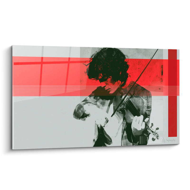 Tableau Musique gris et rouge chemise à carreaux - Cheveux bouclés en désordre - Edition Musique