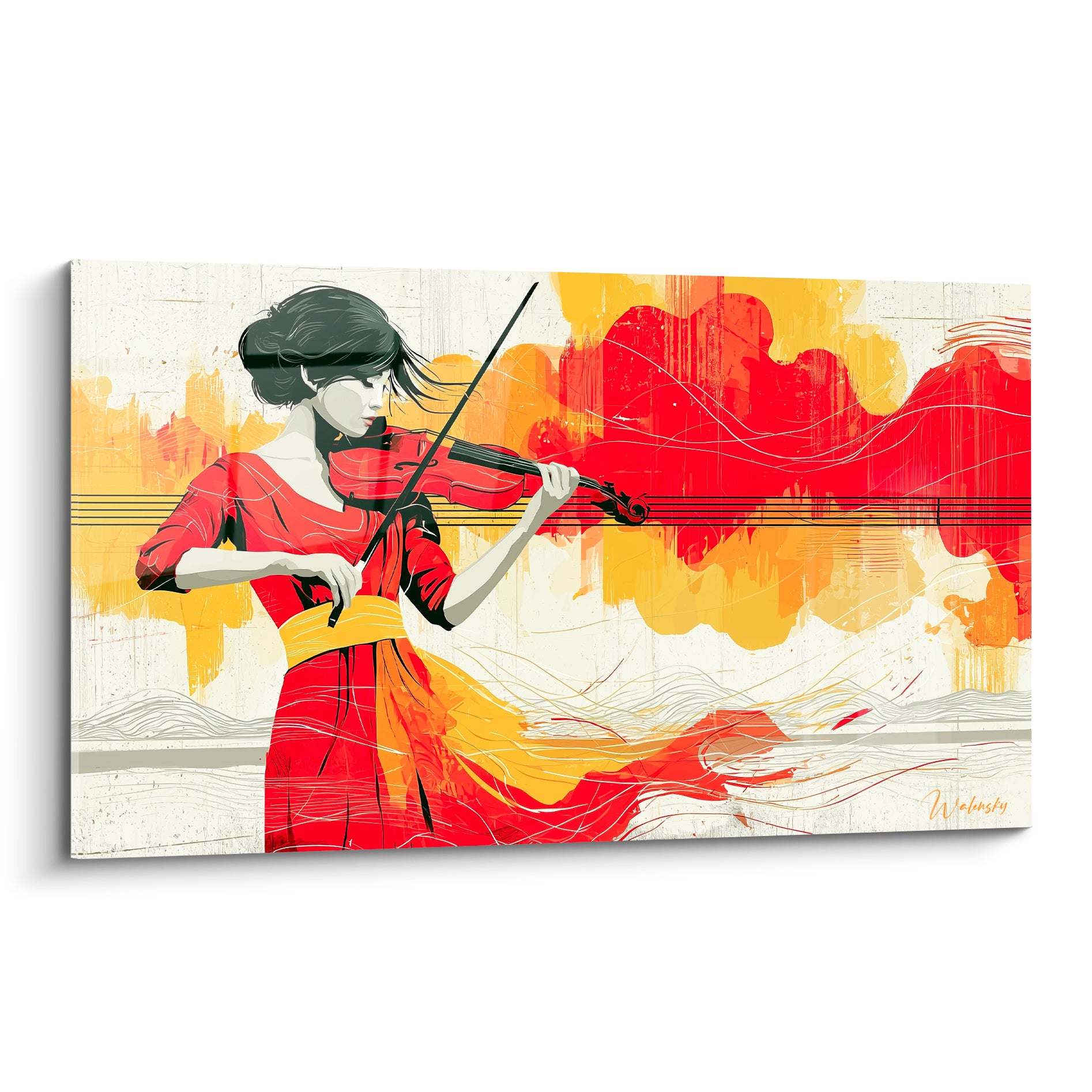 Violoniste en robe rouge et jaune, silhouette grise, lignes de portée noires sur fond crème texturé
