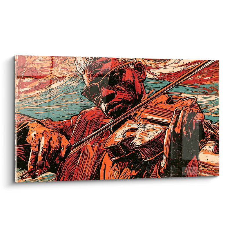 Tableau Musique violoniste roux et turquoise lunettes noires - Vieil homme aveugle - Edition Musique